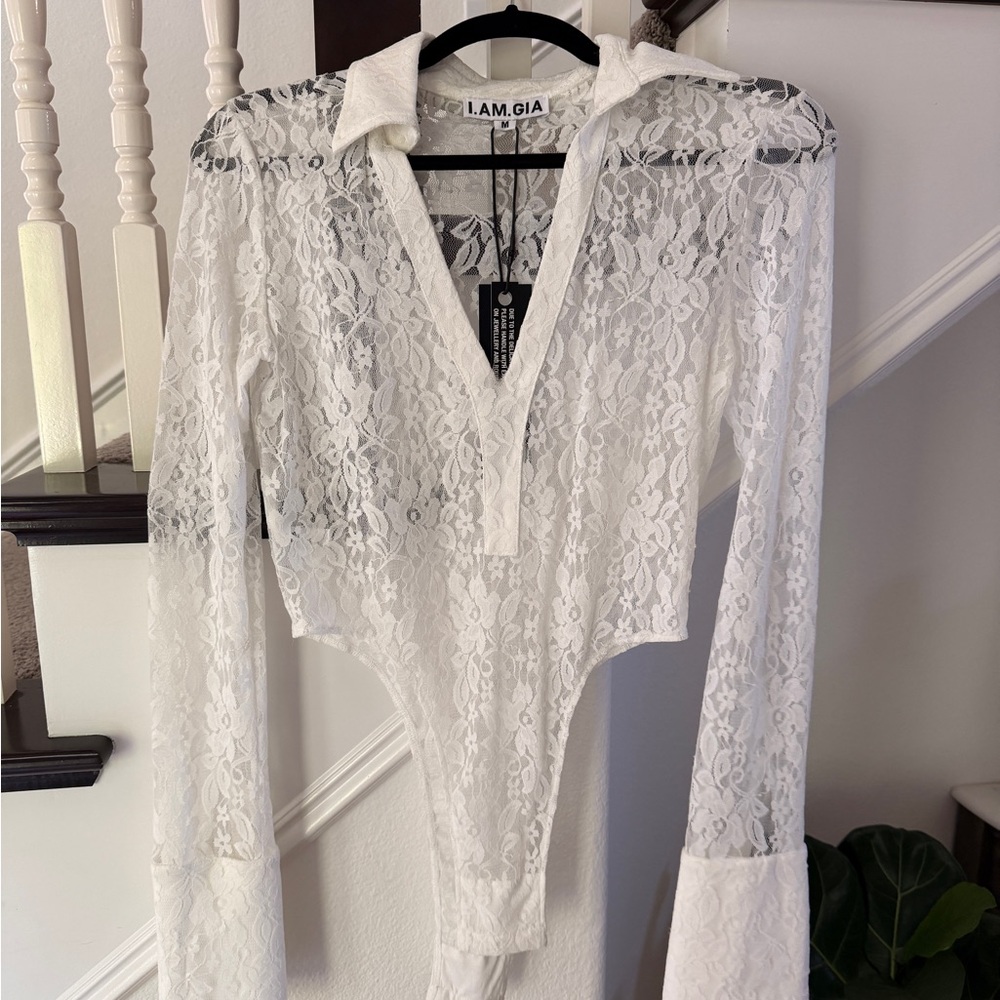 I.AM.GIA White Sheer Lace Long-Sleeve Bodysuit